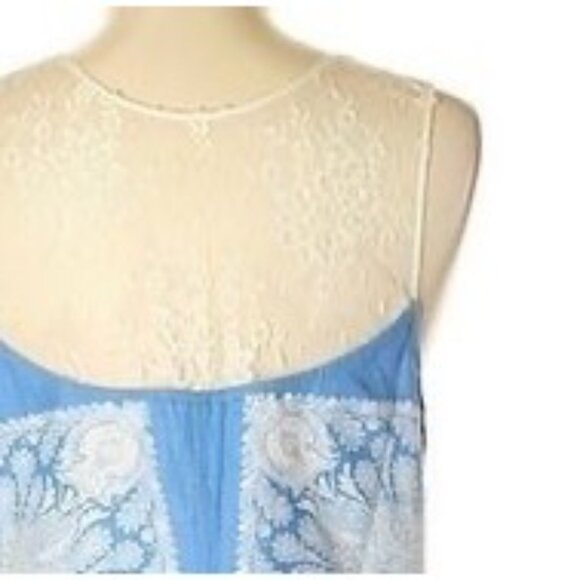 Vintage Free People Blue & White Lace Trim Embroidered Mini Shift Dress - Picture 11 of 16